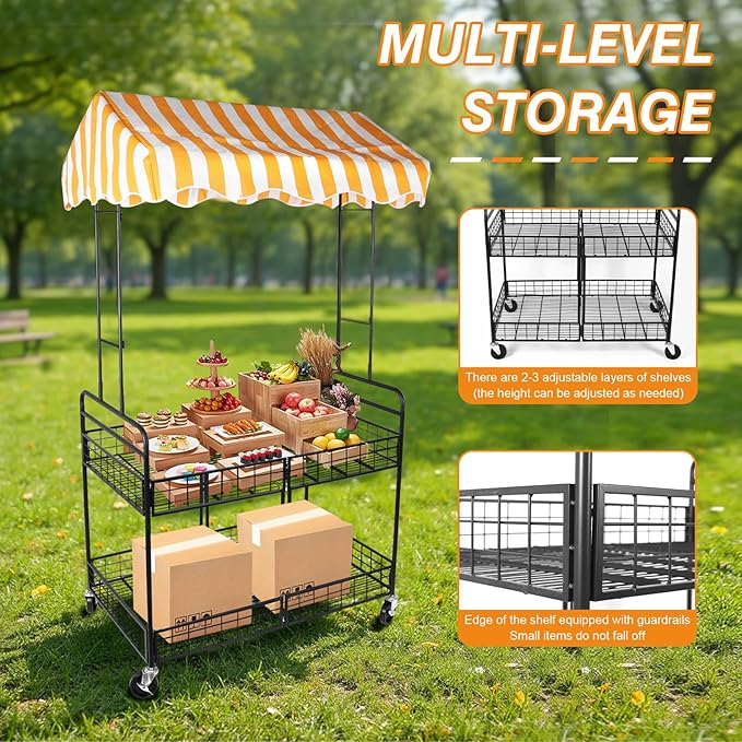 Business Mobile Catering Cart Foldable Outdoor Portable Market Street Food Vendor Stalls with Yellow White Canopy Stall Trolley for Outdoor Vending Sale Display