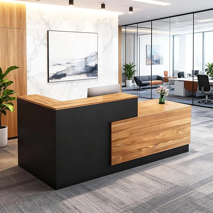 L-Shaped Reception Desk with Counter and Lockable Drawers and Storage Tall Modern Front Desk Reception Counter for Checkout Lobby Beauty Salon A Right 79inch/200cm