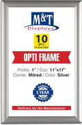 M&T Displays Opti Snap Poster Frame 11x17 Inch Silver 1" Aluminum Profile Front Loading Wall Mounting Photo Picture Document Certificate Sign Holder Mitered Corner Anti Glare Cover (10 pack)