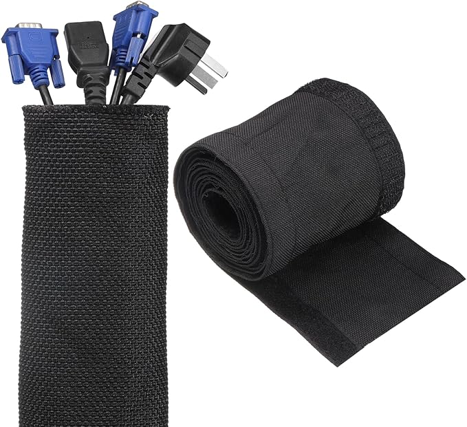 uxcell Hook and Loop Cable Management Sleeve, 6.6ft x 1 Inch Flexible Cable Wrap Covers Wire Hider, Cord Organizer and Cable Protectors for Desk TV Computer, Black