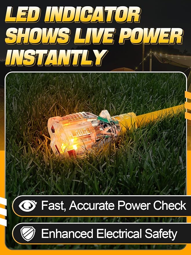 Lighted End Heavy Duty Outdoor Extension Cord Waterproof -16AWG, 3 Prong, 15A, 1875W, Flexible Yellow Power Extension Cord for Outsides, 50ft