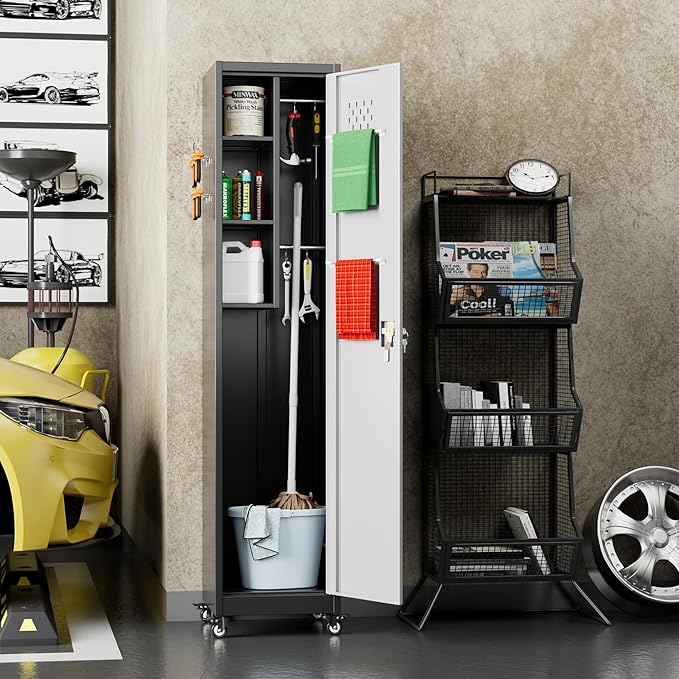 Aobabo Metal Broom Closet Storage Cabinet with Wheels, 72'' Tall Steel Cleaning Tool Cabinet for Garage with Pegboards and Hooks,Black and Grey,Assembly Required
