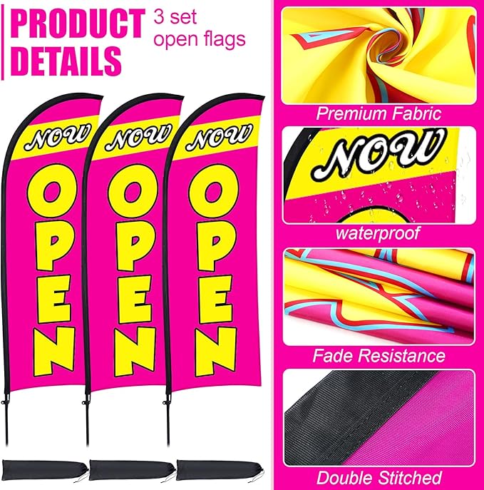 Buryeah 3 Sets Now Open Feather Flag Pole Kit for Business Advertising 7 ft Open Flag Banner Sign with Pole Kit Ground Stake and Portable Bag for Outside Ground(Rose Red)