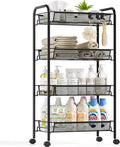 4-Tier Metal Utility Cart, Mesh Wire Rolling Cart on Wheels, Storage Trolley with Easy Assembly, Organizer Craft Cart 3 Hooks, Mobile Shelving Unit for Bathroom, Laundry Room, Home