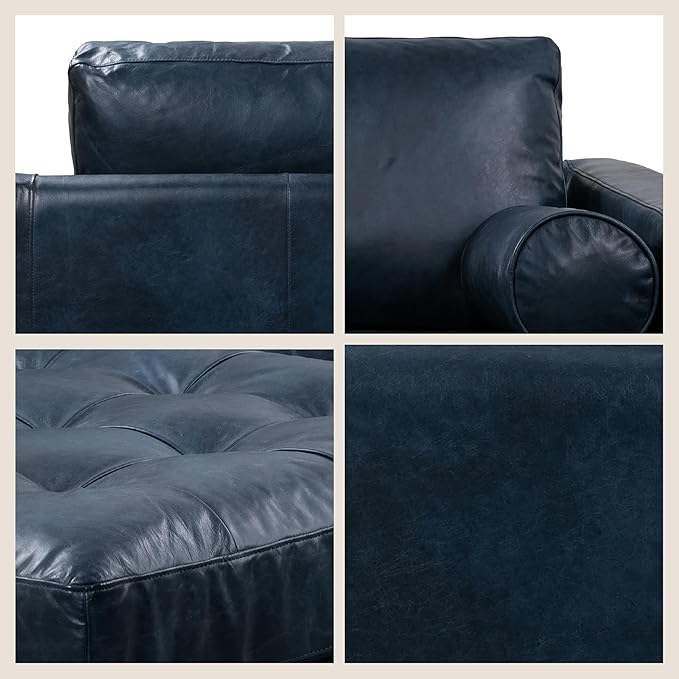 Poly & BARK Napa 104.5" Left-Facing Sectional Sofa – Midnight Blue Full-Grain Pure-Aniline Italian Leather, Feather-Down Cushions, Kiln-Dried Solid Wood Frame, Walnut Legs