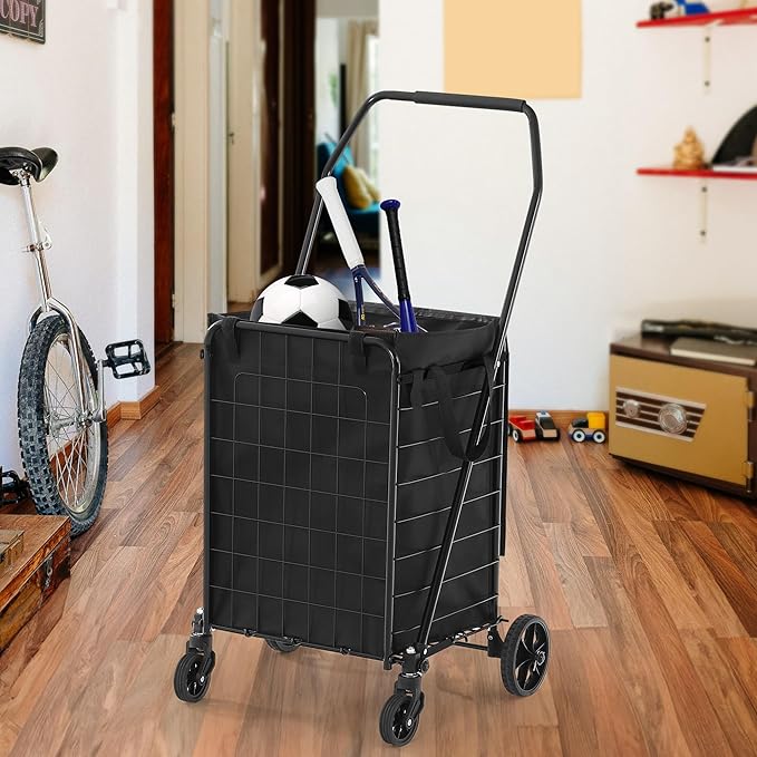 DWVO Folding Shopping Cart with Waterproof Liner, Collapsible Utility Cart with Wheels for Seniors, Portable Grocery Cart for Shopping, Laundry, Storage, and Camping