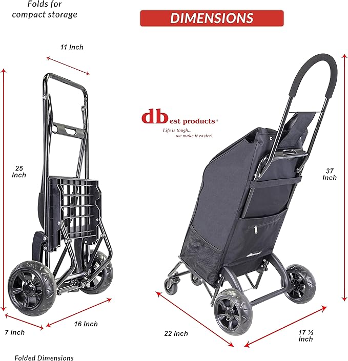 dbest Products Trolley Dolly Rover with Bag, 4 Wheeled Grocery Shopping Cart Push Folding Utility Hand Truck Swivel Wheels Garden Lightweight Luggage Carrito de Compras Plegable