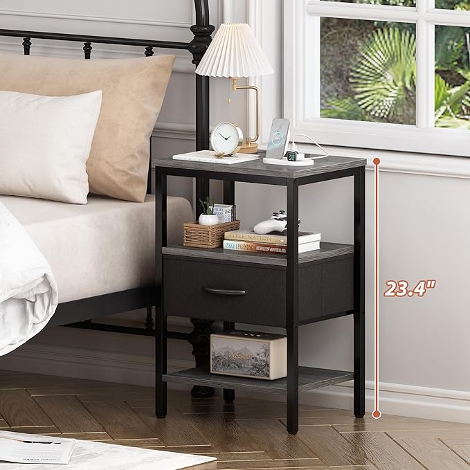 SUPERJARE Nightstand with Charging Station, Bed Side Table with Adjustable Fabric Drawer, Night Stand for Bedroom, 3-Tier Storage End Table, for Living Room, Charcoal Gray