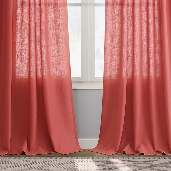 Nanspring Linen Curtains 96 Inch Curtains 2 Panels,Watermelon Red - Back Tab Rod Pocket Sheer Light Filtering Boho Room Decor Aesthetic Neutral Farmhouse Drapes for Living Room Bedroom 8Ft