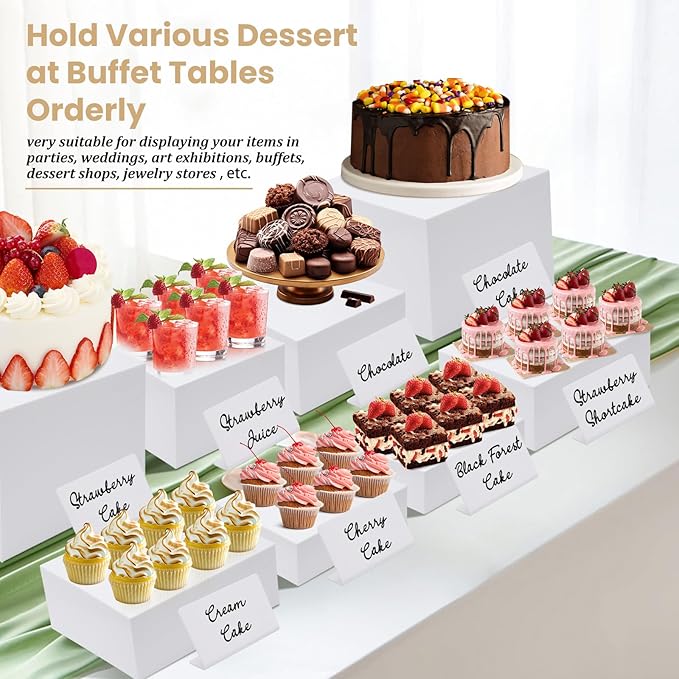 Buffet Risers, Acrylic Food Risers for Buffet Table, 8Pcs Buffet Table Risers with Mini Signs, Food Service Risers Display Stands Risers with Hollow Bottoms, 6" 6.5" 7" 8'' Risers for Buffet Jewelry