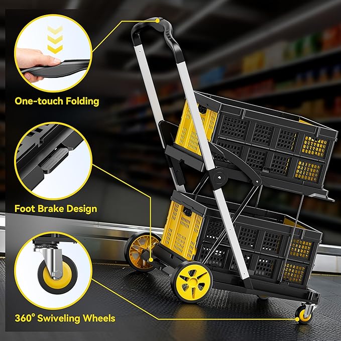 Collapsible Shopping Cart with Wheels, 8-in-1 200LBS Capacity Grocery Cart on Wheels with 2 Storage Crate, Folding Utility Cart for Shopping, Travel, Supermarket, Office, Yellow