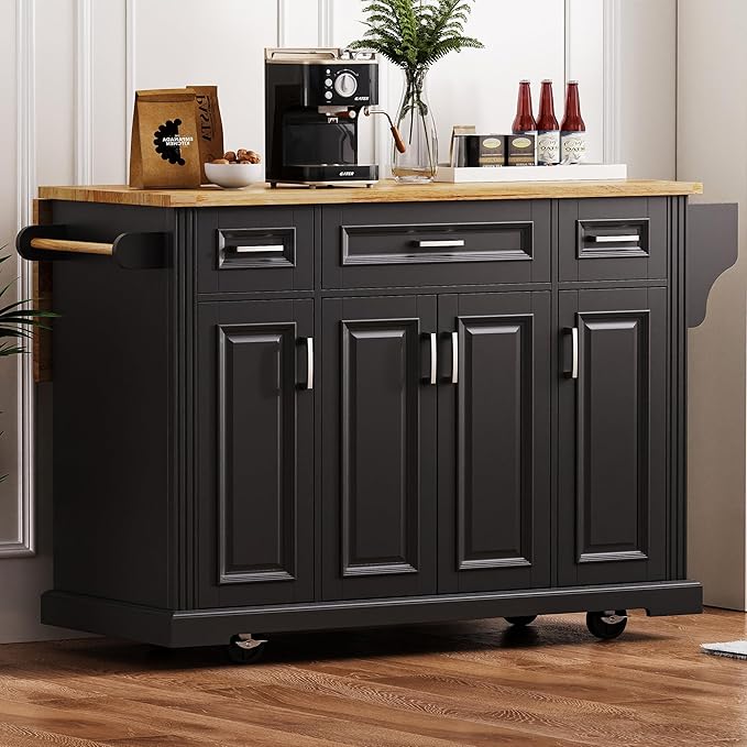 Yayzy Rolling Kitchen Island with Drop Leaf, 4 Cabinet Doors, 3 Drawers & Side Storage Racks, Mobile Kitchen Cart with Rubberwood Top & Locking Wheels for Dining Room & Kitchen, 54-Inch, Black