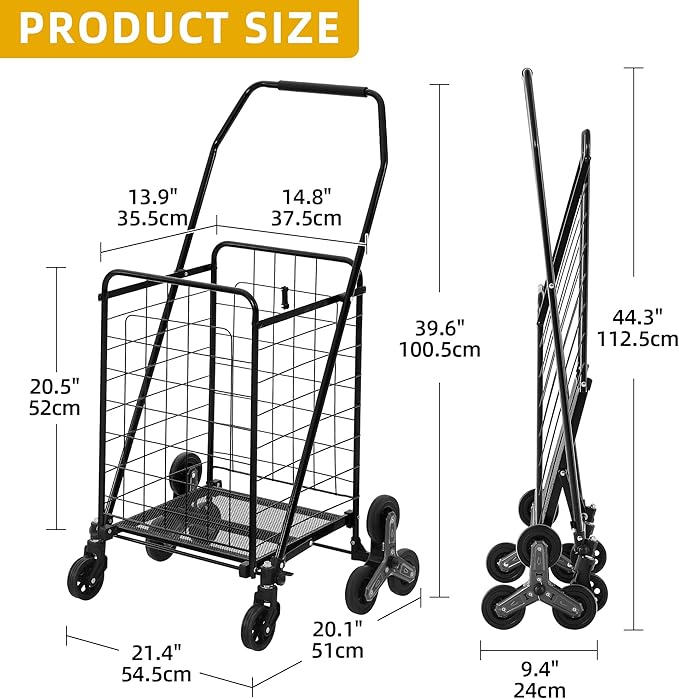 DWVO Folding Stair Climber Shopping Cart, Tri-Wheel Design & 360° Swivel Wheels, Ideal Heavy Duty Utility Cart for Shopping, Laundry, Travel & Stairs for Seniors