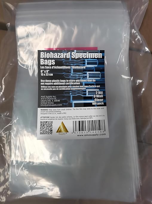APQ Biohazard Specimen Bags, 6 x 8 Inch. Pack of 100 Clear Zipper Specimen Bags. 3 Wall Polyethylene Specimen Bag. 2 Mils Specimen Biohazard Bag. Biohazard Transport Bag. Biohazard Plastic Bags
