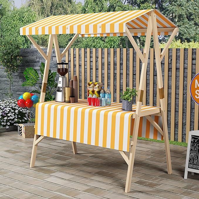 Outdoor Vendor Cart Foldable, Vending Stand Kiosk Display Trolley with Canopy, Selling Food Booth Concession Shelf, for Market Street Food & Events(Yellow,150cm/59in)