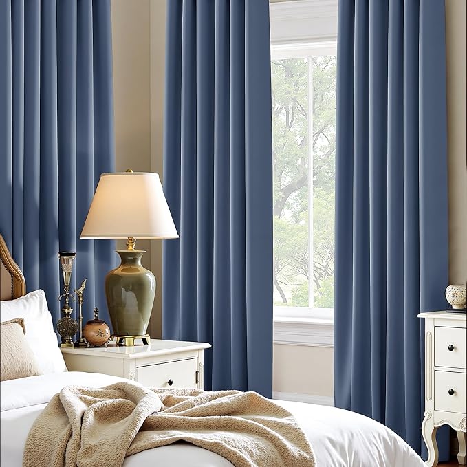 PONY DANCE Stone Blue Blackout Curtains for Living Room, Rod Pocket Thermal Insulated Black Out Window Curtain Panels for Boy's Bedroom, Blue Haze, W 42 x L 72 inch, 2 Pieces