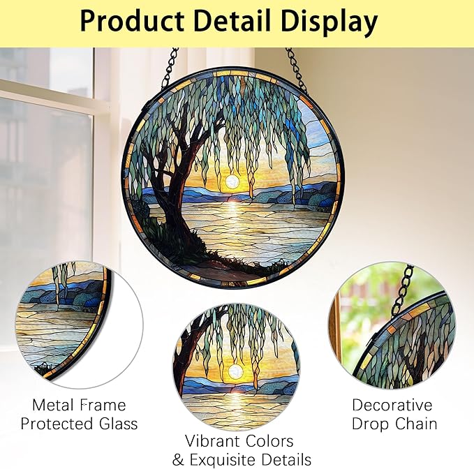 TNUW Willow Tree Stained Glass Window Hanging, Nature Sunset Weeping Willow Tree Sun Catchers Indoor Window Glass Round Wall Art Decor, Nature Landscape Wall Hanging Decorations, 7.9＂x7.9＂