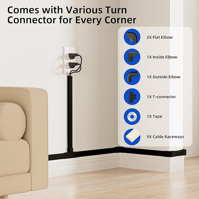 Delamu 142in Black Cord Hider Cable Hider, Cord Covers for 2-3 Wires on Wall, Premium Wire Hiders Wire Covers for Cords on Wall, Easier Setup TV Cable Cover Management Kit, W0.94 H0.47in, Black