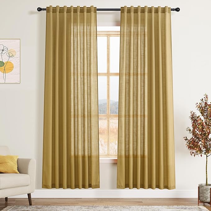 Nanspring Gold Curtains 72 Inch Length for Living Room Semi Sheer Light Filtering Door Drapes 2 Panels Set for Kids Bedroom Light Filtering Back Tab Rod Pocket Modern Farmhouse Decor 52x72