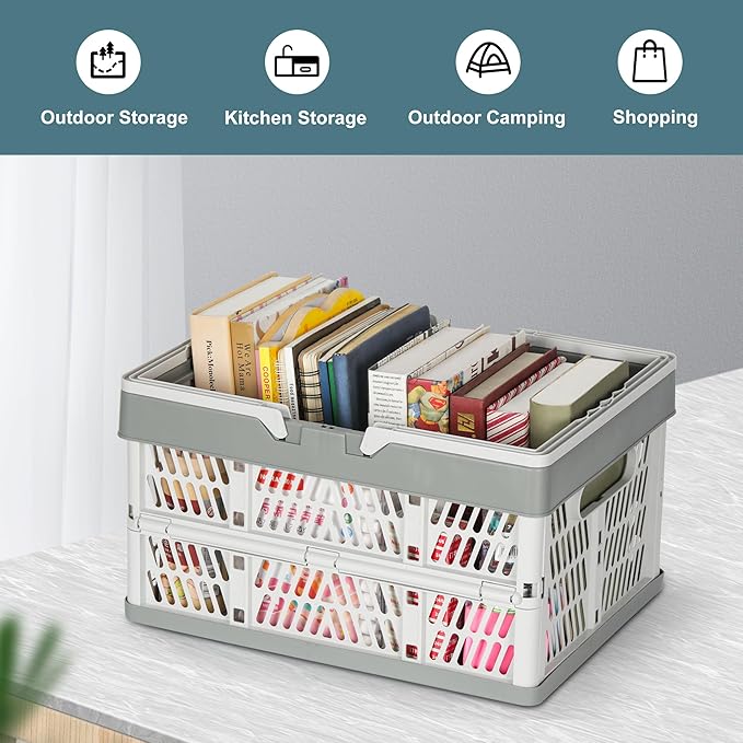 Heavy Duty Plastic Milk Crates for Storage, 2-Pack Stackable Storage Bins for Organizing, Collapsible Shopping Basket with Handle for Groceries, Suitable for Home Office School Store, Gray