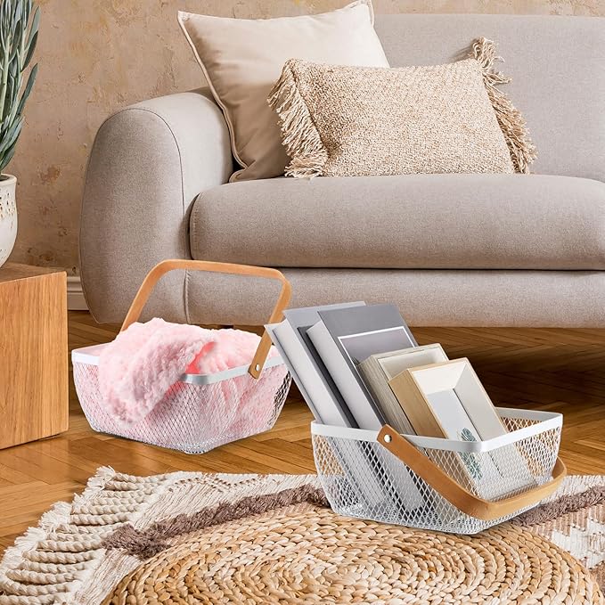 6 Pcs Metal Mesh Steel Basket with Handle Small Shopping Baskets Square Wire Harvest Storage for Kitchen Storage Garden Picnic Bathroom Organizing, 8.46 x 8.46 x 4.13 Inch(White)
