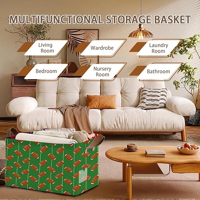 Football Storage Basket Large 17x11.5x10.5 Inches - Collapsible Sports Organizer Bin with Handles for Game Room,Toys,Laundry - Foldable Decorative Hamper with Football Pattern - Single Pack