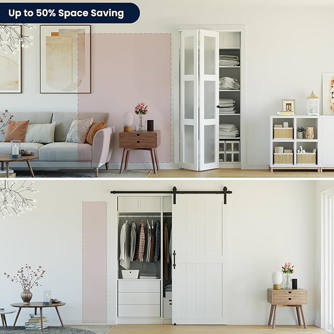 Bifold Doors for 36" x 80-3/4" Opening, 3-lite Tempered Frosted Glass Closet Folding Doors with Hardware kit Included, Easy Assembly, White