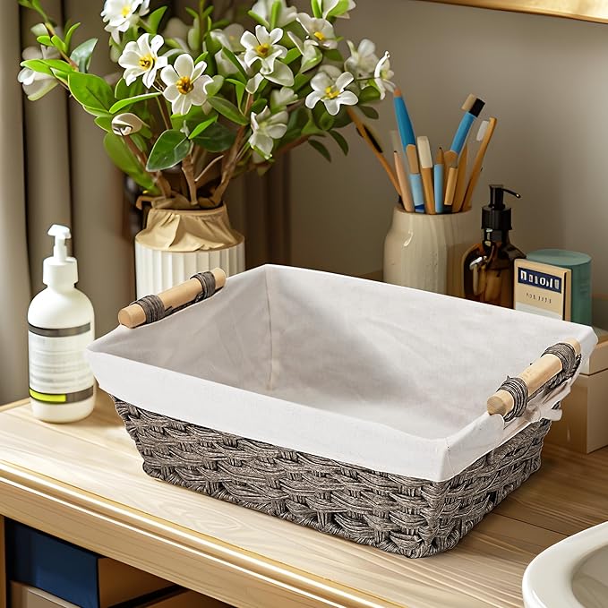 Baskets-Wicker Storage Baskets-Waterproof Wicker with Handles Hand-Woven Blue Handle Food Storage Pantry Woven Storage Boxes, 2 Pack, Home Storage Boxes