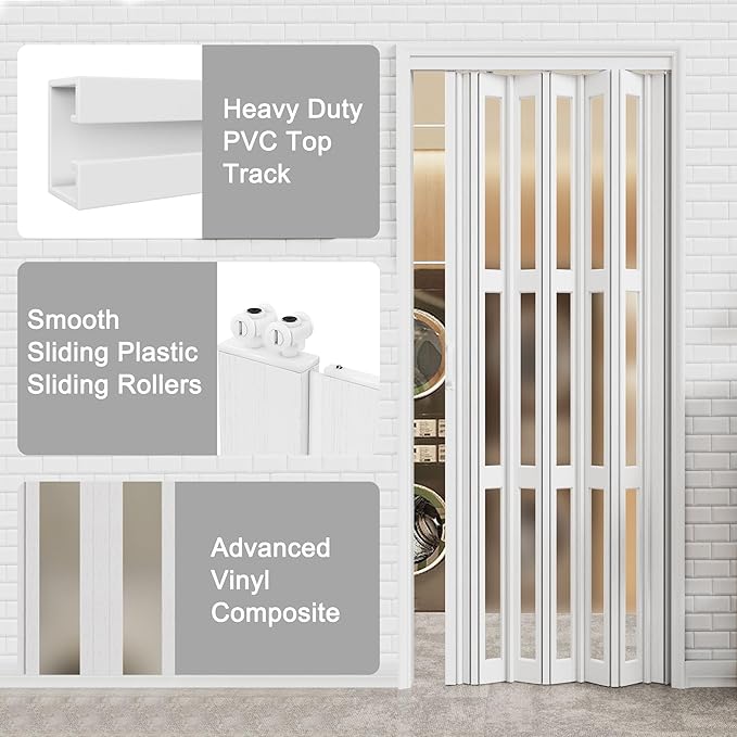 97-120 x 80in (Double 49-60) Accordion Doors Interior Folding Door, 4 Frosted Acrylic Glass White PVC Accordion Door with Upgraded Roller & Handle& Complete Hardware for Closet Bathroom Doorways