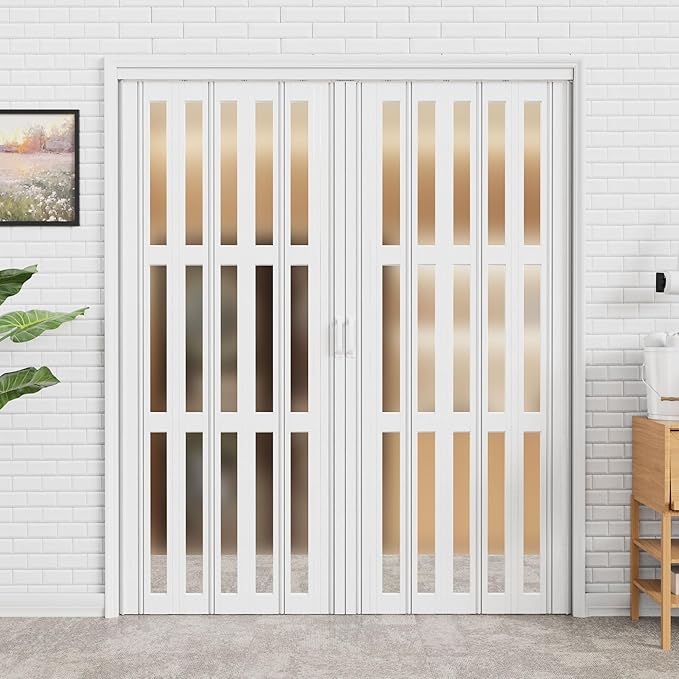 97-120 x 80in (Double 49-60) Accordion Doors Interior Folding Door, 3 Frosted Acrylic Glass PVC Accordion Door with Upgraded Roller & Handle & Complete Hardware for Closet Bathroom Doorways