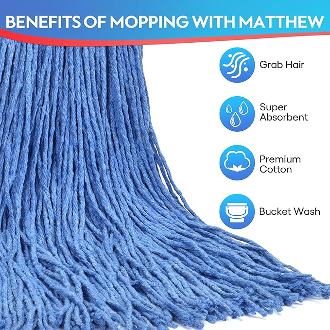 Matthew Cleaning 20oz 6Pack Cotton Floor Mop,Cotton Looped-Open String Heavy Duty String Refills, Universal Headband Blend,Mop Head Replacement for Home, Industrial and Commercial Use(Blue)