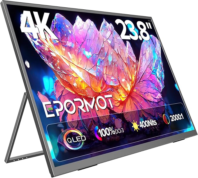 Portable Monitor 4K 23.8", 3840x2160 UHD 24" QLED Large Monitor, 400 Nits | 100% DCI-P3 | USB-C & HDMI | VESA & Kickstand | Second Screen for Computer, Mini PC, Game Consoles