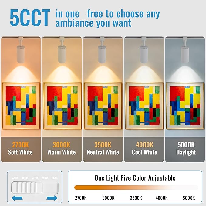 5CCT LED Track Lighting Heads Dimmable 20W 5CCT 2700K/3000k/3500k/4000k/5000k,Versatile H Track Lighting Heads,Zoomable Beam 15° to 60° Ideal for Accent Art and Task Lighting, (White, 4 Pack)