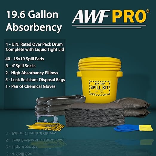 AWF PRO 20 Gallon Universal Spill Kit, 59 Pieces – 20 gal DOT Approved Drum, Socks, Pads & Pillows, & Accessories, Pack of 10