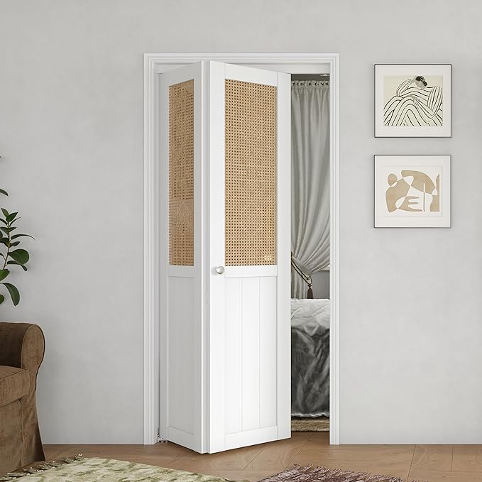 BARNER HOME Bi-fold Doors - Cane Closet Door for 24“ x 80” Opening, Webbing & Wood Interior Door Slab, Including Hardware, MDF, White Folding Doors for Wardrobe