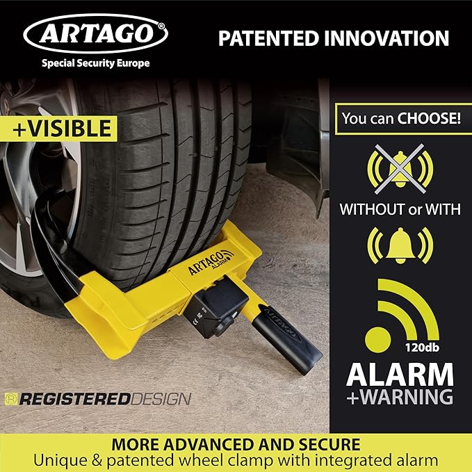 ARTAGO ART872 High-End Wheel Clamp Lock, 2in1 Without/with 120dB Alarm +Night LED Alert, Patented, Heavy-Duty Trailer Wheel Lock, High Security Car Boot, Universal Tire Clamp Anti-Theft for Golf Cart