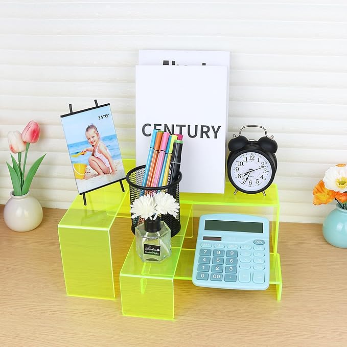 ELEGANTLIFE Acrylic Display Riser,4.3mm Heavy Duty Crystal Display Stand Shelf Layered Aesthetic, Jewelry Display Shelf Risers for Décor,4 Pack Set Multi-color (Light Green)