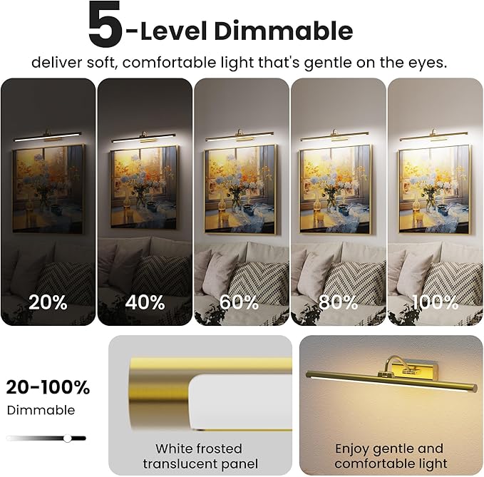 24" Picture Lights for Wall with 8000mAh Battery - Brass Operated Wireless Wall Art Light with Remote Control for Large Portrait & Paintings Art