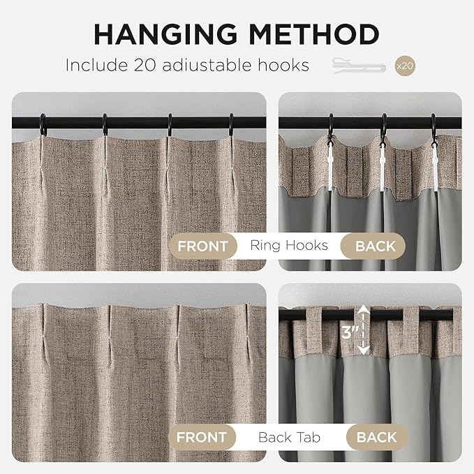 Joydeco Pinch Pleated Curtains - 100% Blackout for Bedroom, Linen Curtains 40" W x 63" L, Thermal Insulated 2 Panels Light Blocking Drapes, Back Tabs for Living Room