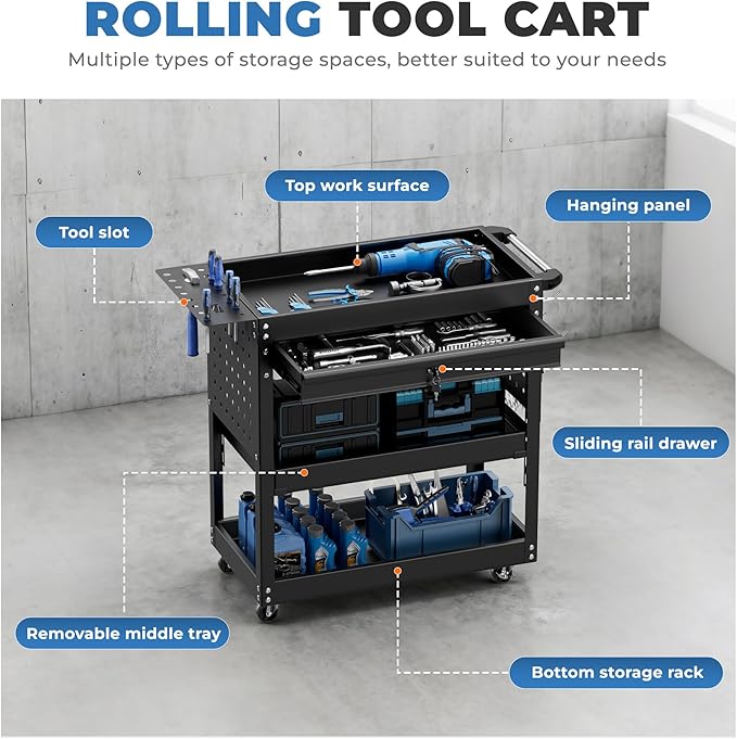 INTERGREAT 3-Tier Tool Cart, Heavy Duty Cart on Wheels, Industrial Mechanic Carts with Drawers and Pegboard, Tool Storage Cart for Garage, Warehouse, Black