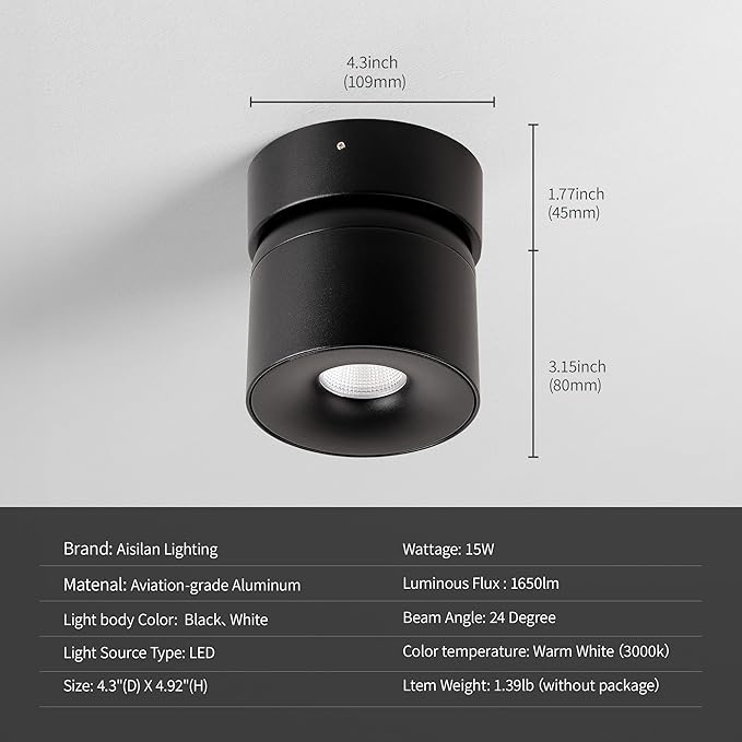 Aisilan Ceiling Spot Lights Indoor 2 Pack, 15W Modern LED Spotlight 350° Directional Accent Lighting, Dimmabel Spotlight Fixtures for Picture Panting Living Room Bedroom Mural,3000K, CRI 97, Black