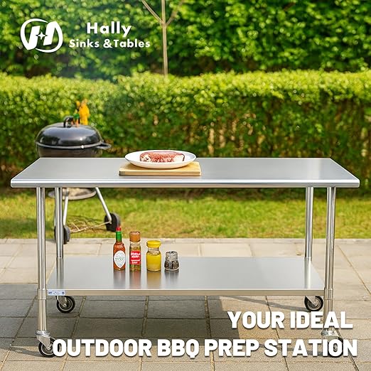 Hally Stainless Steel Table for Prep & Work 24 x 48 Inches with Caster Wheels, NSF Commercial Heavy Duty Table with Undershelf and Galvanized Legs for Restaurant, Home and Hotel
