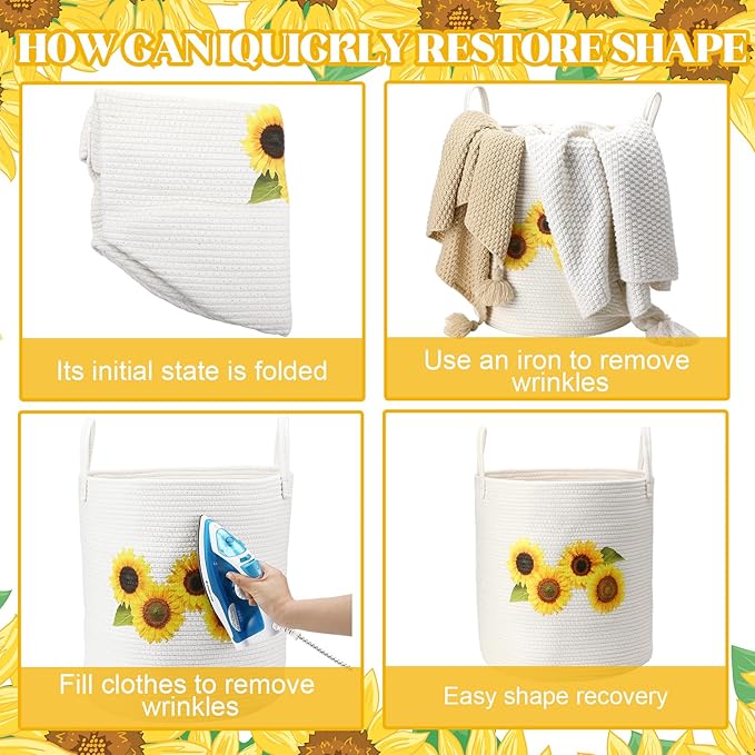 Rustic Sunflower Cotton Rope Basket Large 17.7'' x 14.9'' Clothes Woven Basket Storage for Toy Laundry and Blanket Organizer Round Hamper with Handles for Nursery Organizer Bedroom