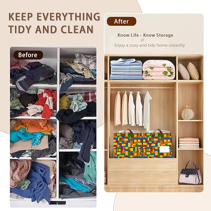 Colorful Building Blocks Storage Basket Large 17x11.5x10.5 Inche-Collapsible Fabric Organizer Bin with Handles for Kids Room, Toys, Playroom-Decorative Hamper with Educational Block-Single Pack