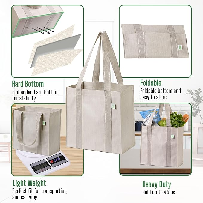 VENO 2-4 Pack Reusable Grocery shopping Bags, Small Tote Bag w/Handle Hard Bottom, Heavy Duty, Foldable Carrier