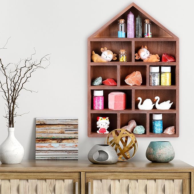 House Shaped Wooden Shadow Cubby Box 10 W x 2 1/4 D x 15 H Hanging Display Shelf Organizer Wall Mounted Curio Cabinet Wooden Display Case Miniature Shelf for Figures(Brown)