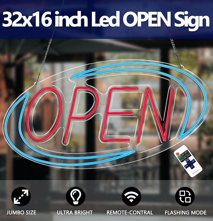 Open Signs for Business,Neon Open Sign Led,32"x 16",Remote Control Open/Closed Bussiness Hour Sign Set,Light for Bar Coffee Salon Store Window,12V/3A Adapter with ON/OFF Switch (Blue/Red Oval)