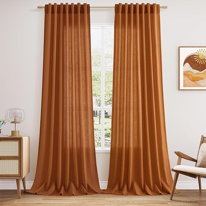 Desert Orange Linen Curtains 102 Inches Long for Living Room Bedroom 2 Panel Back Tab Rod Pocket Semi Sheer Curtain Light Filtering Burlap Extra Long Drapes for Dining Room High Window 52x102