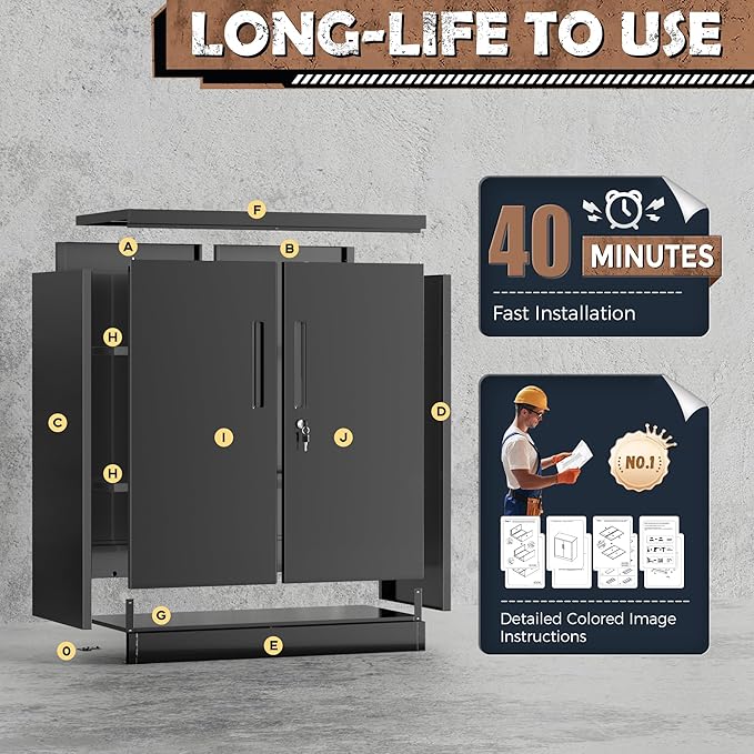 INTERGREAT Metal Garage Storage Cabinet, 36" Lockable Storage Cabinet with 2 Doors and 2 Adjustable Shelves, Steel Black File Cabinet Great for Home Office, Garage, Warehouse, Study Room
