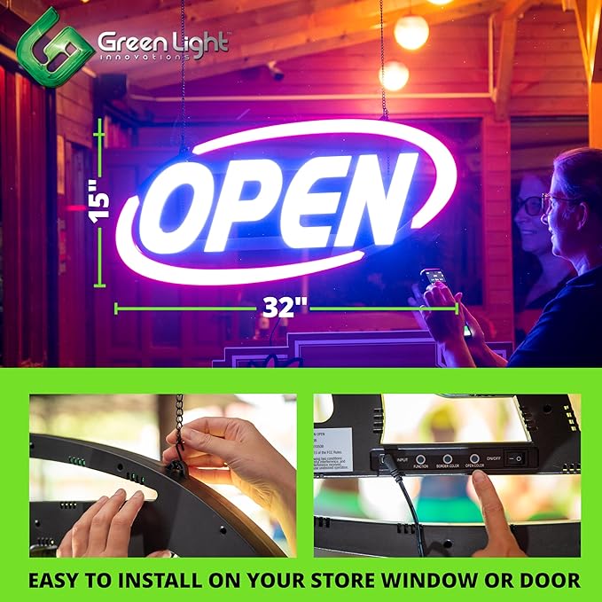 Super‑Bright LED Open Sign 15×32 in – Programmable with 64 Color Combos via App or Remote – Static, Scroll, Flash & Phase Modes – Daylight Visible Electric Sign